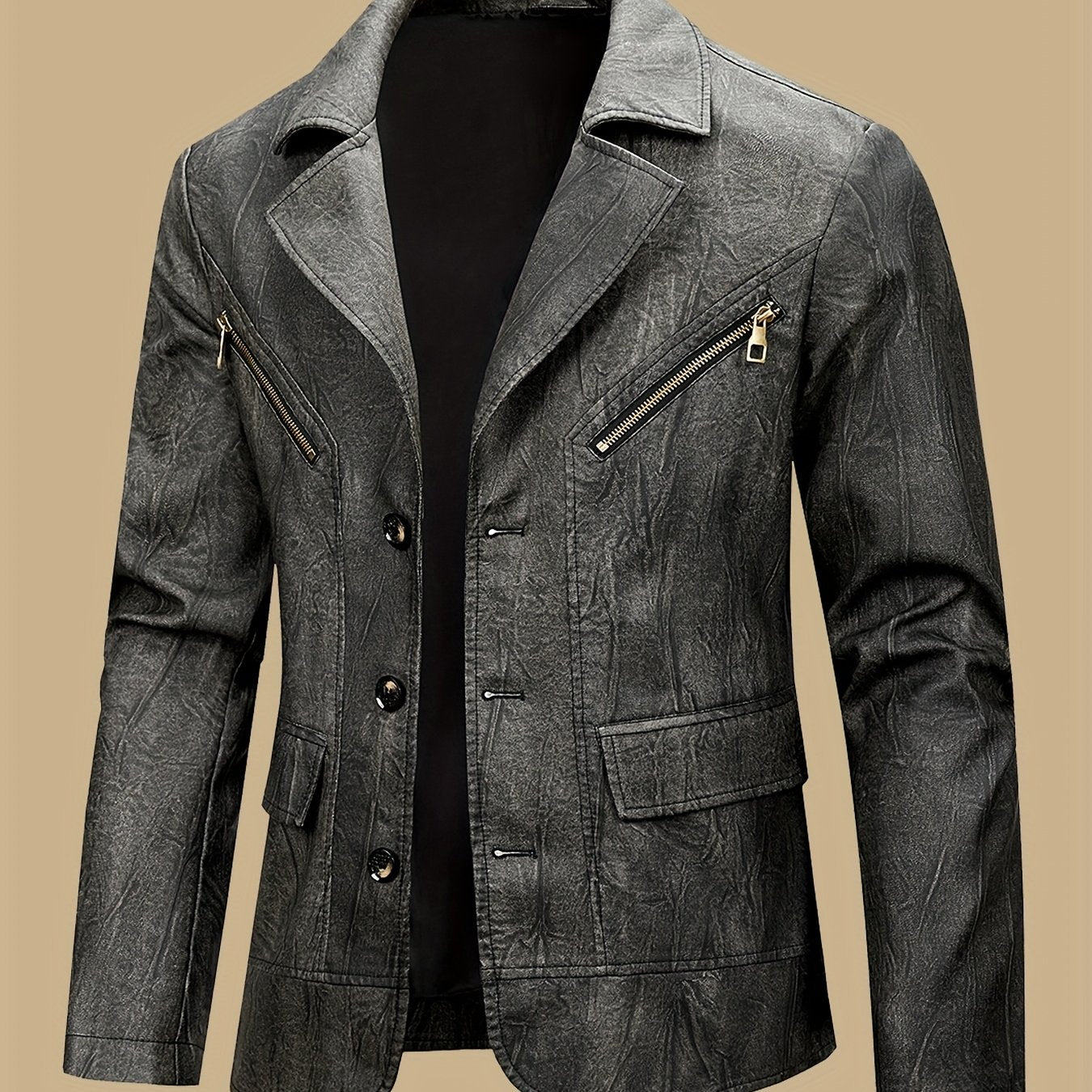 Erkaklar uchun notched yaka, 3 tugma, retro mototsikl imitatsiya sun'iy charm kostyumlar, sun'iy charm kurtkalar, biznes tasodifiy eskirgan katta yaka kostyum kurtkalari, erkaklar partiyasi