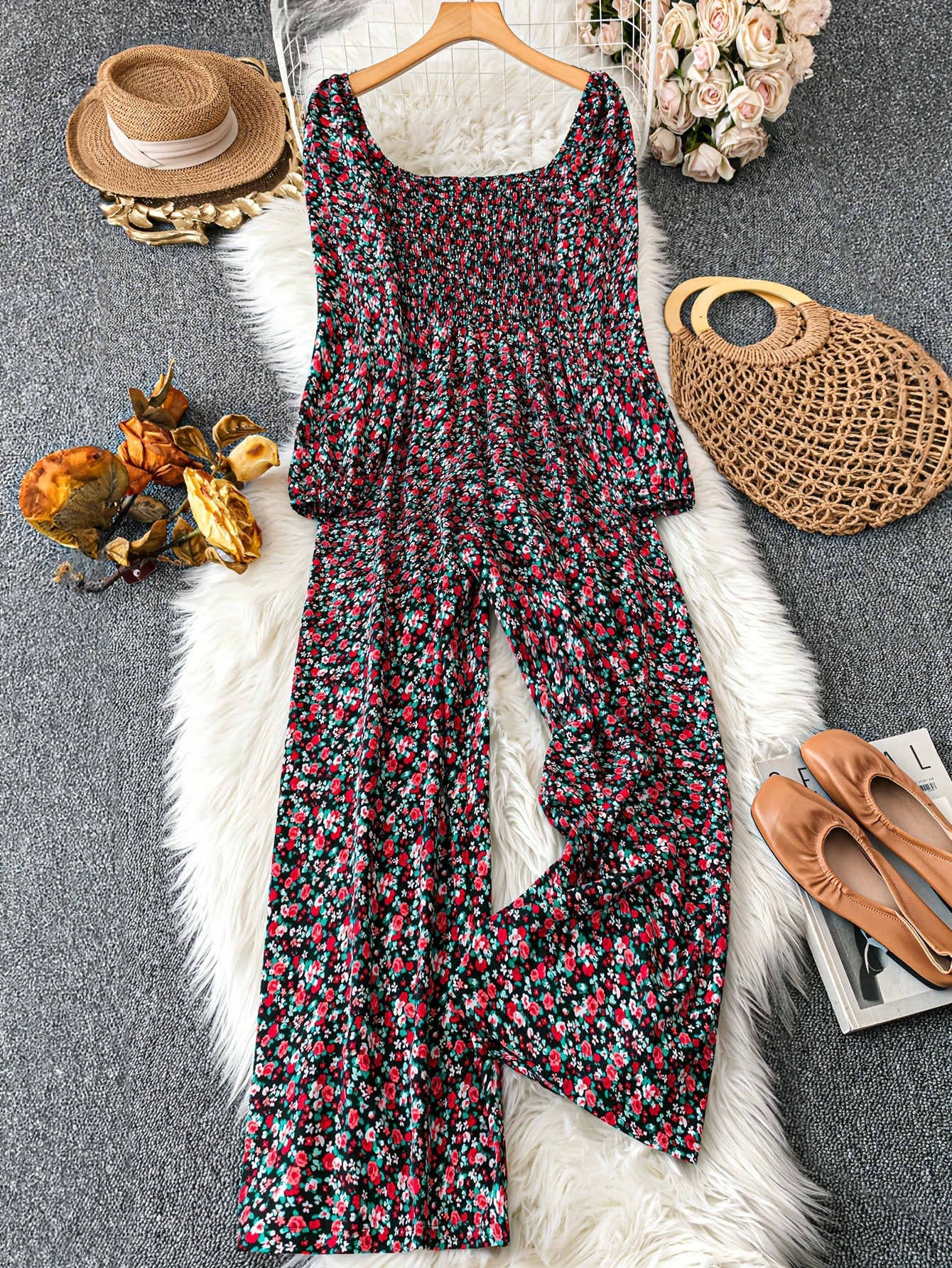 Women’s Floral Print Jumpsuit Square Neck Ruched Slim Fit Spring Fall Casual Formal