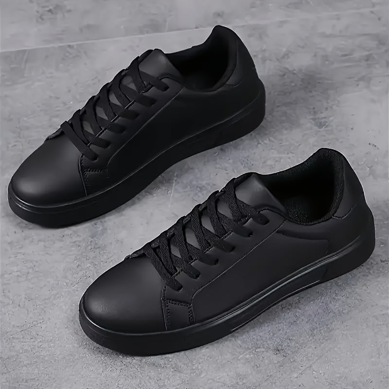 Men's Black Faux Leather Low-Top Sneakers Casual Sports Breathable EVA Sole