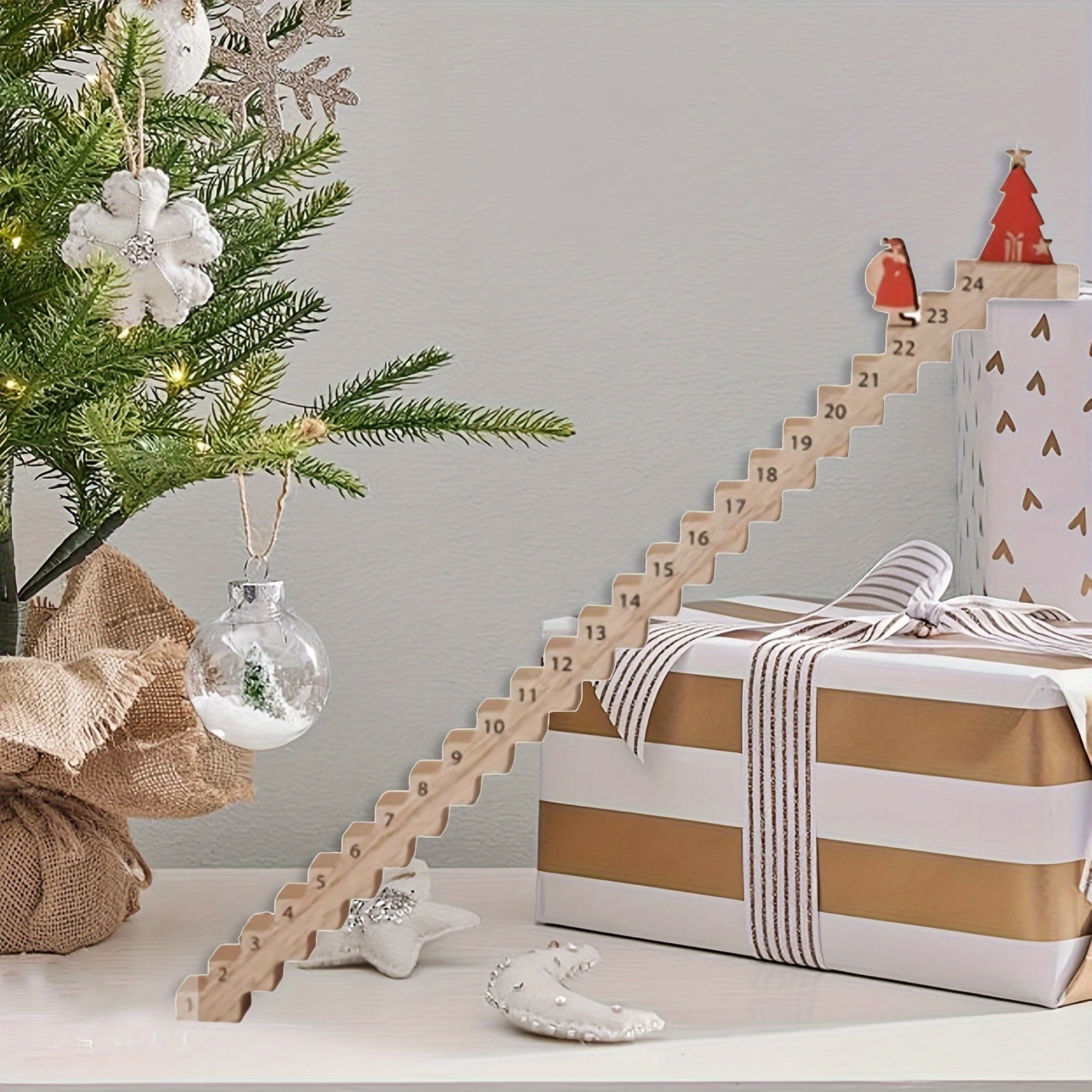 Wooden Christmas Advent Calendar with Santa, Stairs, Numbered Slots and Figurines