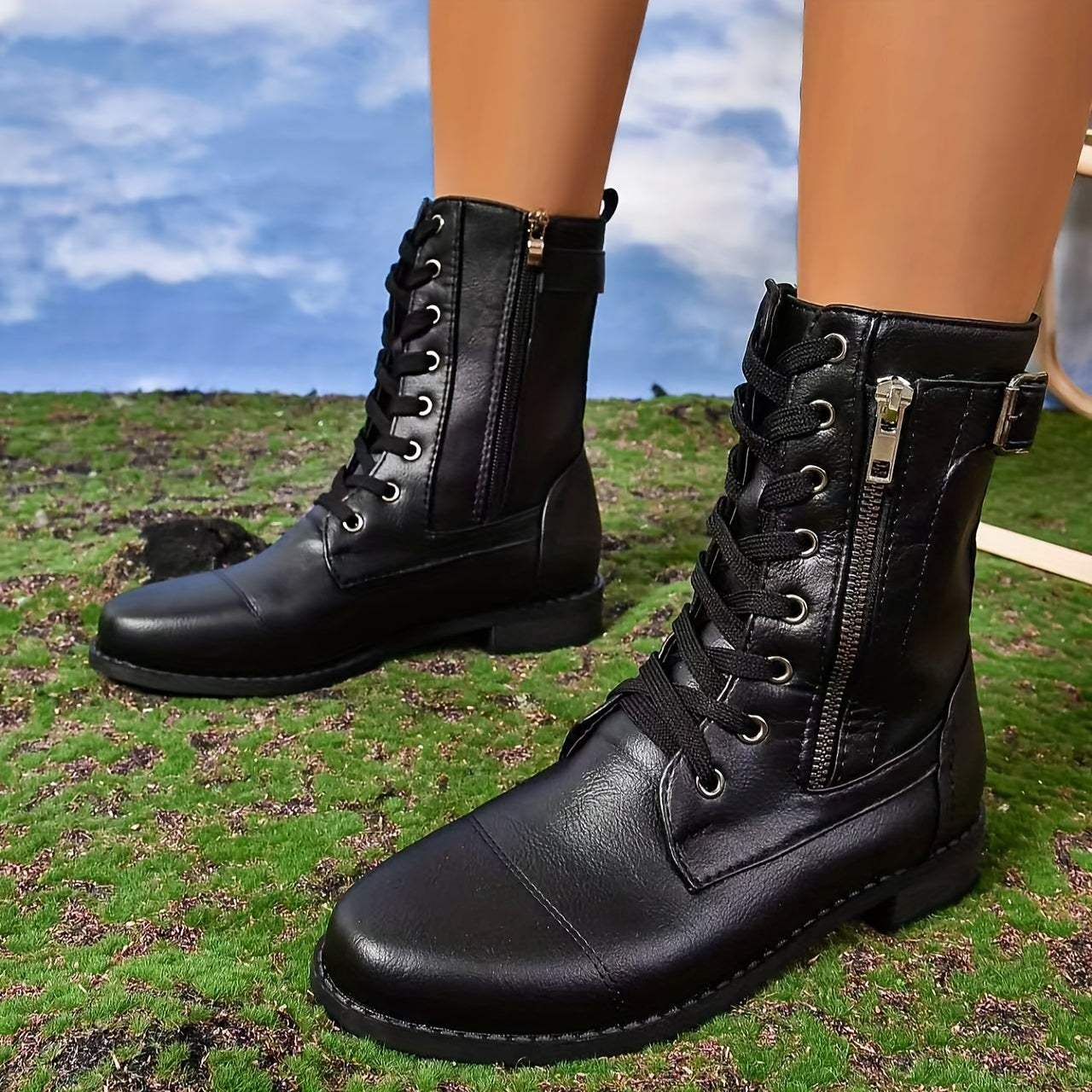 Women's Motorcycle Boots Mid-Calf Leather Zipper Buckle Casual