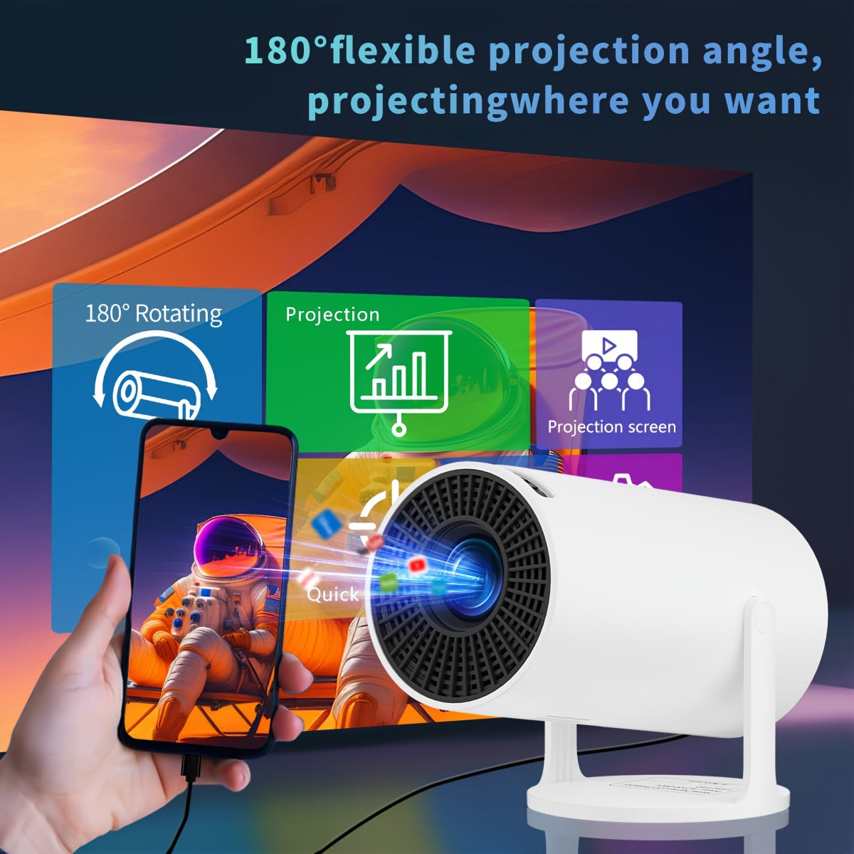 Мини портативный HD-проектор с регулируемым углом 180° и коррекцией трапеции