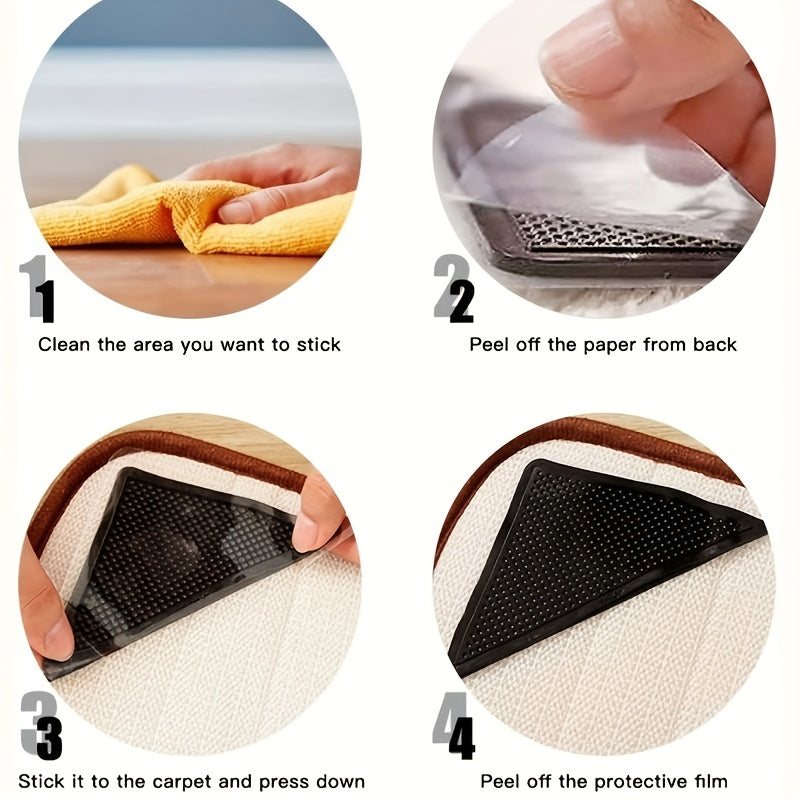 Four-Piece Non-Slip Carpet Mats with Reusable Clips for Hardwood and Tile Floors