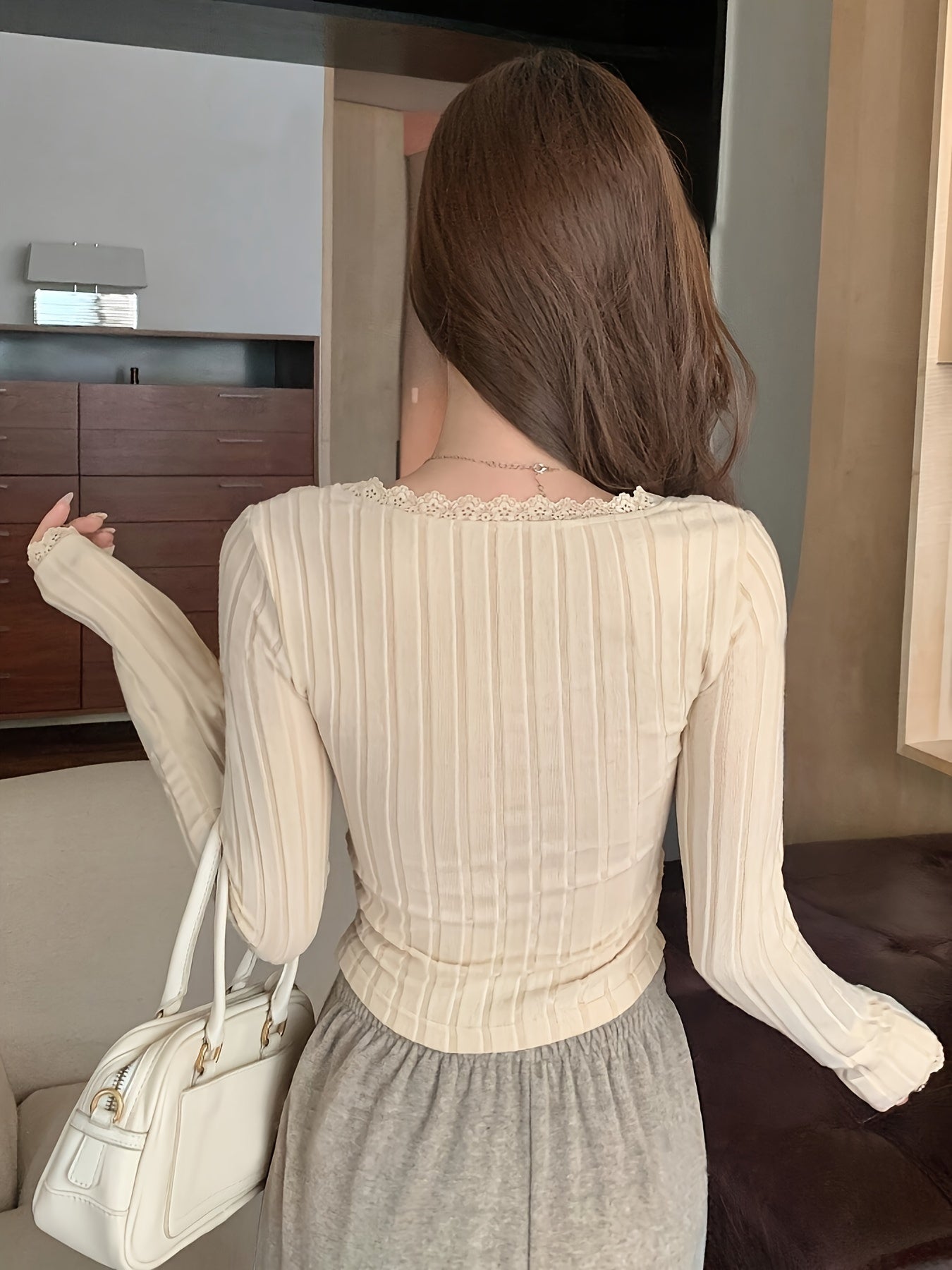 Women's Long Sleeve Ribbed Knit Top with Bow Detail Solid Color Spring Fall