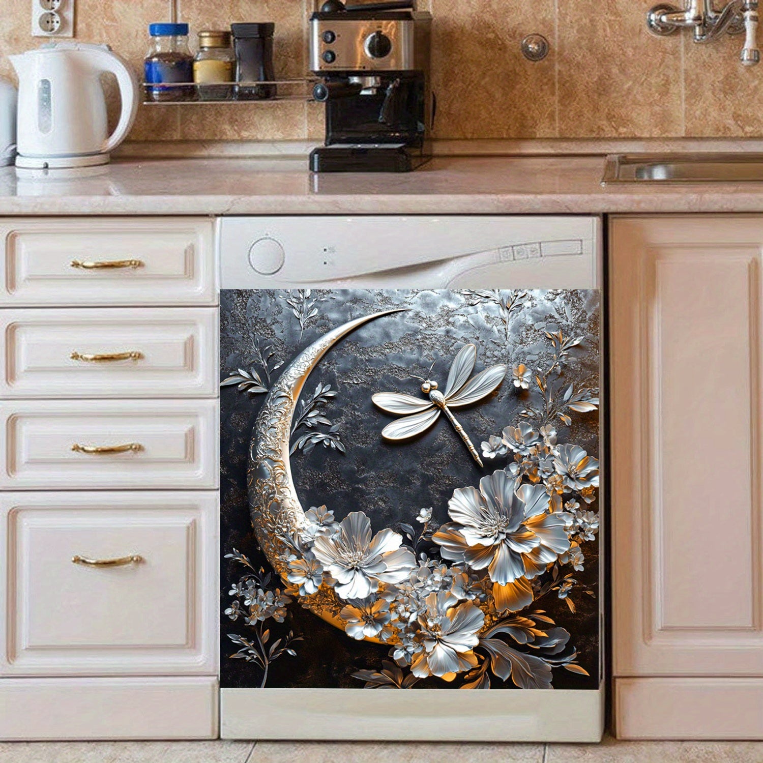 Oltin oy drujba gulchambarli idish yuvish mashinasi magnit qopqog'i suv o'tkazmaydigan issiqqa chidamli PVC stiker 58.5x65 sm oshxona dekoratsiyasi