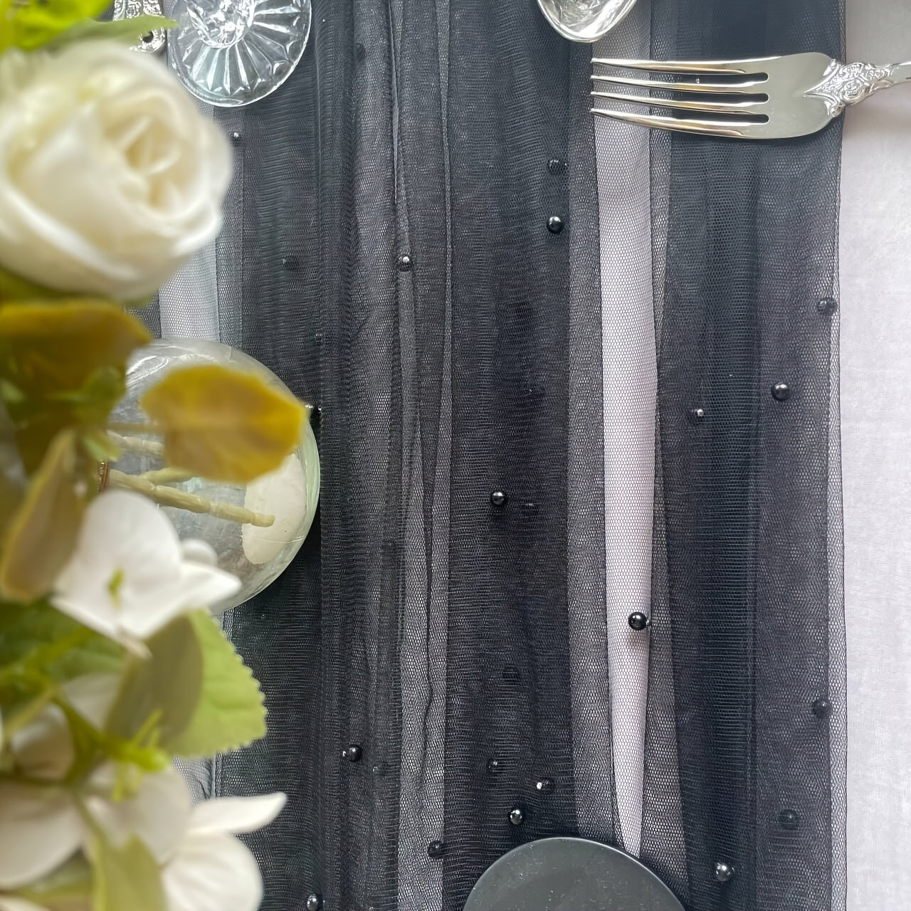 Camino de mesa de tul con perlas para bodas y fiestas, 72 pulgadas