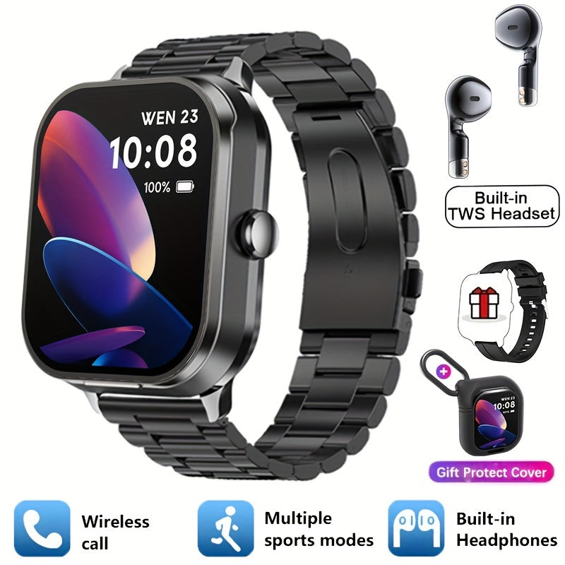 2-in-1 Smart Watch with TWS Earbuds Wireless Charging Large TFT Screen Square Alloy Case Interchangeable Straps Weather Call Date Features