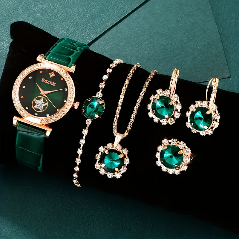 Green Quartz Watches with PU Leather Straps Zinc Alloy Dials Jewelry Gifts for Mother's Day Easter Ramadan Eid