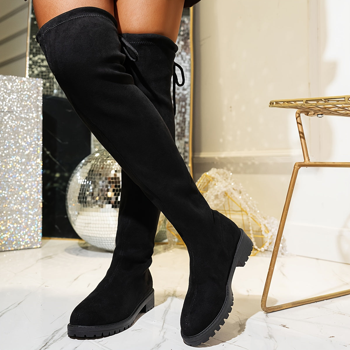 Women's Black Fabric Knee-High Boots with Flat Heel and PVC Sole