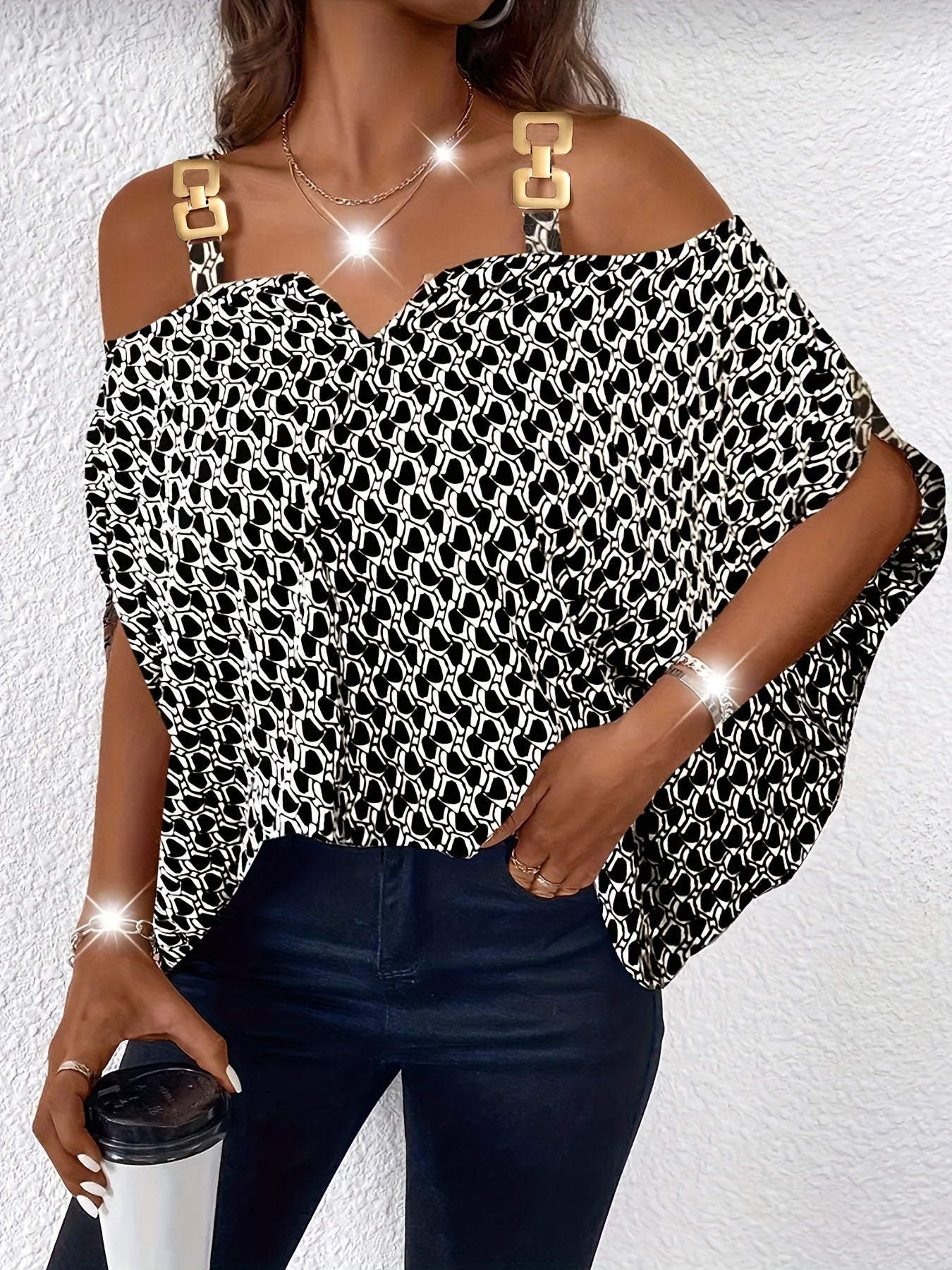 Блузка большого размера для женщин с открытыми плечами и принтом по всему изделию, рукава-крылья