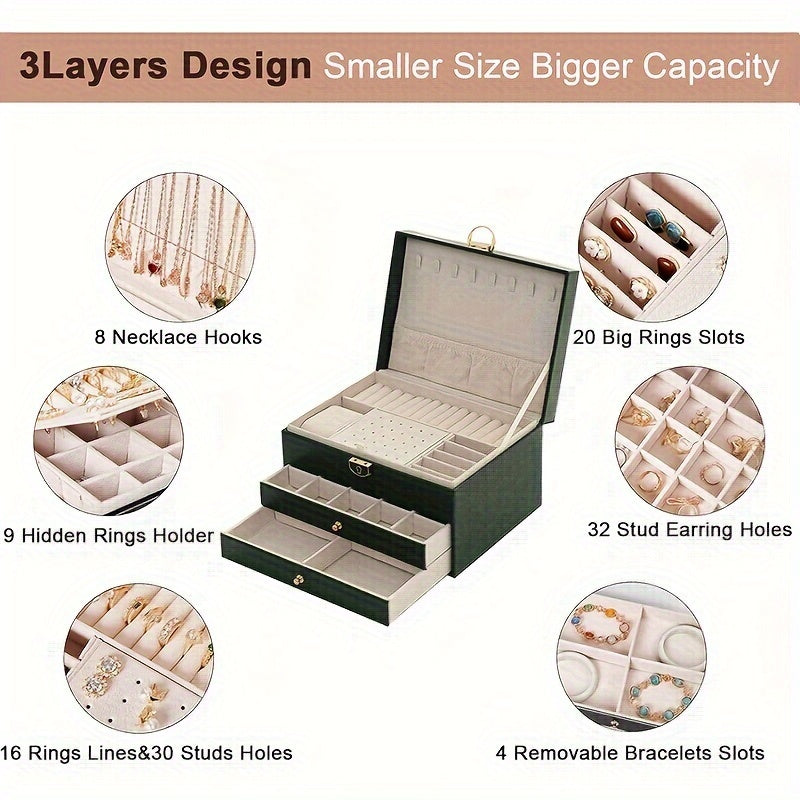 Women’s Faux Leather Multi-Layer Jewelry Organizer Box with Drawer 23x17x13cm