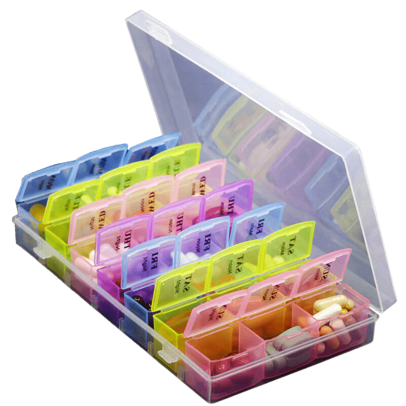 Organizador de pastillas de viaje mini con 21 compartimentos de colores, caja semanal para medicación