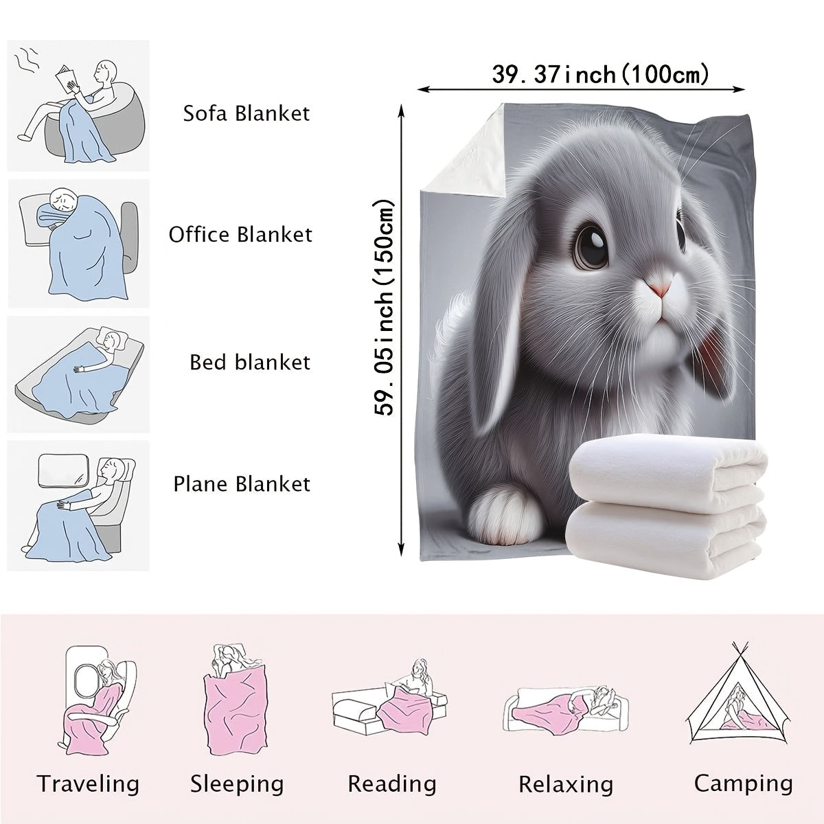 Gray Plush Rabbit Blanket Soft 3D Cartoon Cuddle Throw for Couch Bed Car
