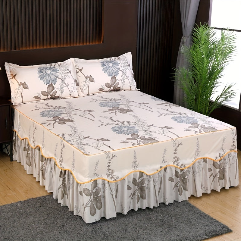 Yotoq xonasi bezak to'plami, gul va kapalak naqshli, yumshoq polyester, ruffle yostiq qopqog'i va yostiq yostiqchalari bilan.