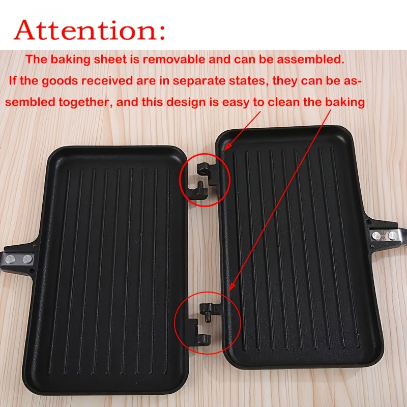 Alüminium ikki tomonlama qovurilgan pan ko‘p funksiyali, yopishmaydigan va ichki va tashqi muhitda turli xil taomlar tayyorlash uchun mos.