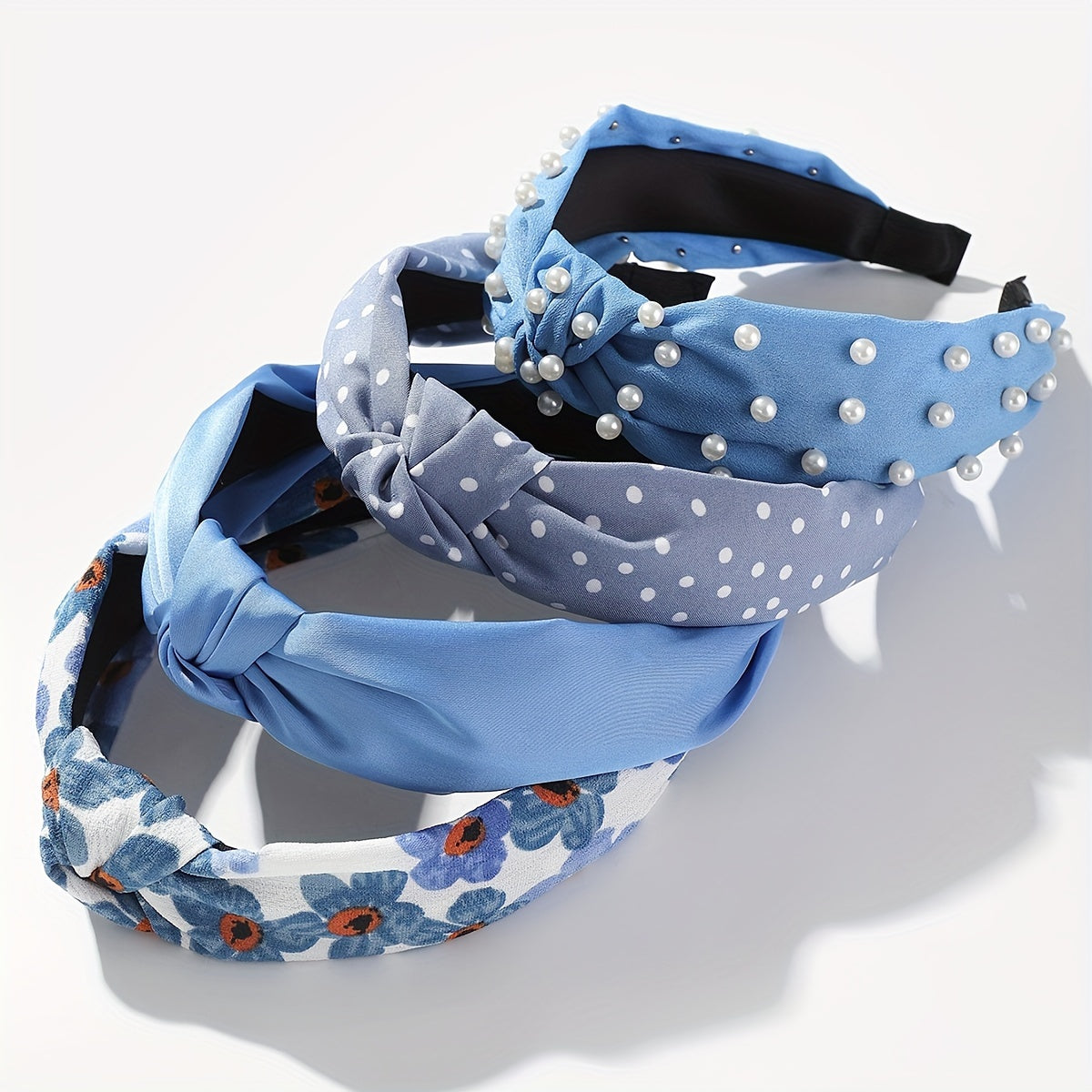 Set of 4 Wide Brim Headbands with Faux Pearl Accents, Knotted Design, Floral Print for Women