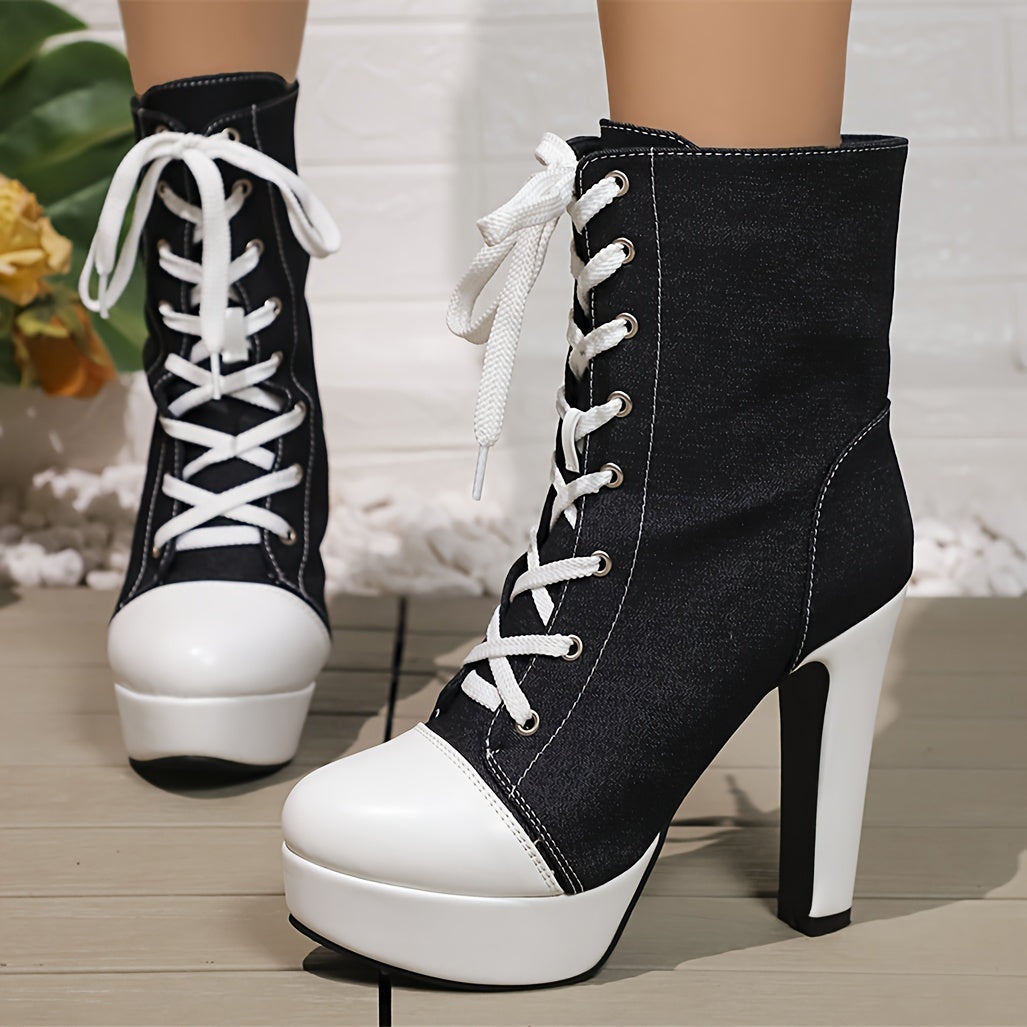 Женские демисезонные ботинки из денима до середины икры, повседневные, однотонные, с круглым носком, шнуровкой, резиновой подошвой