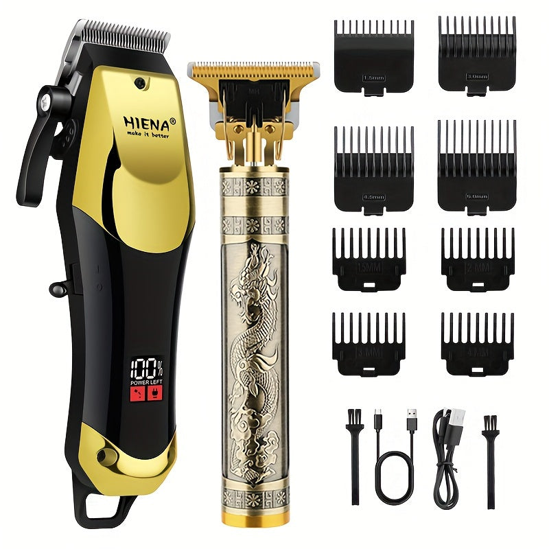Professional Hair Clippers Set T-Blade USB Rechargeable Golden Black for Home Use