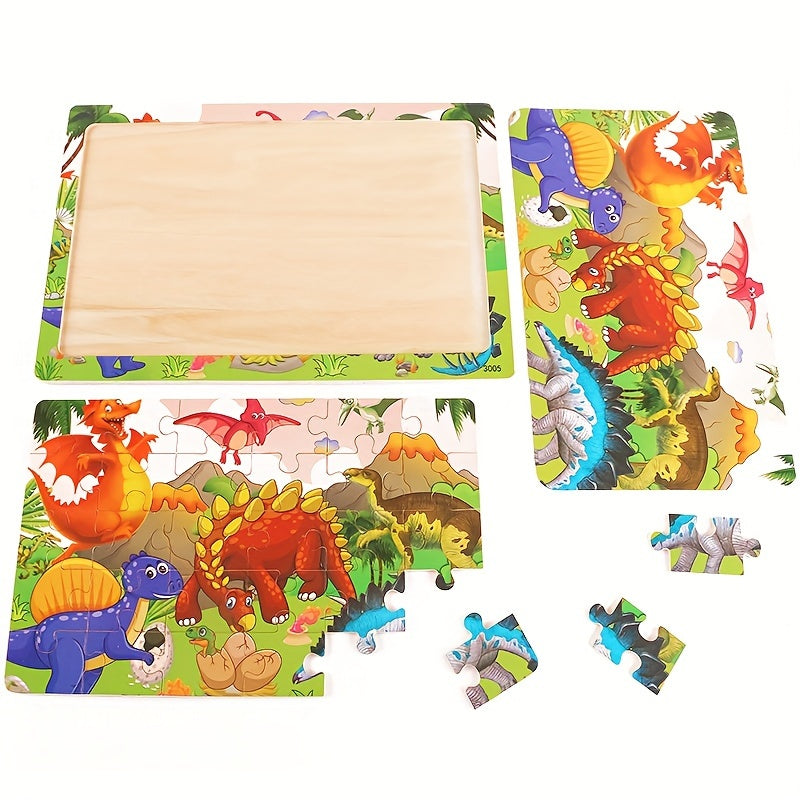 30-Piece Wooden Puzzle for Children Ages 3+ with Animal Dinosaur and Cartoon Designs