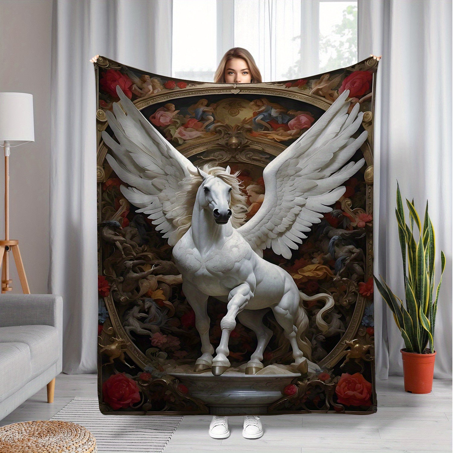Soft Knitted Polyester Blanket with White Pegasus and Floral Angel Wings 70x100cm