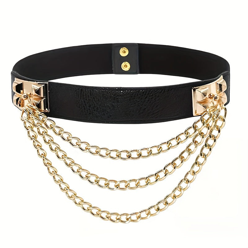 Elastic Waistband Belt with Punk Chain Fringe for Women's Dresses Solid Color Body Jewelry