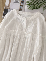 Women's White Lace-Trim Long Sleeve Blouse with Ruffled Collar and Semi-Sheer Design