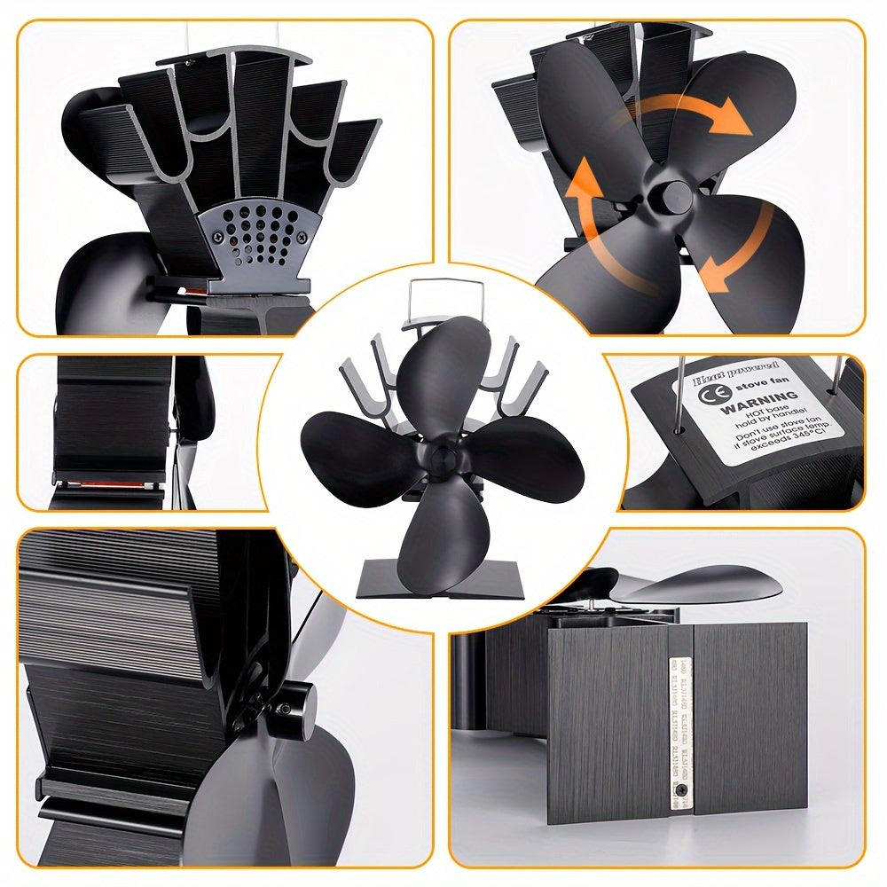 Silent 4-Blade Heat Powered Stove Fan for Wood and Fireplace Heating