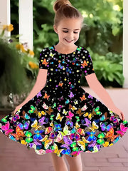 Girls' Midi Dress with Butterfly Print Short Sleeve Casual Summer Clothing