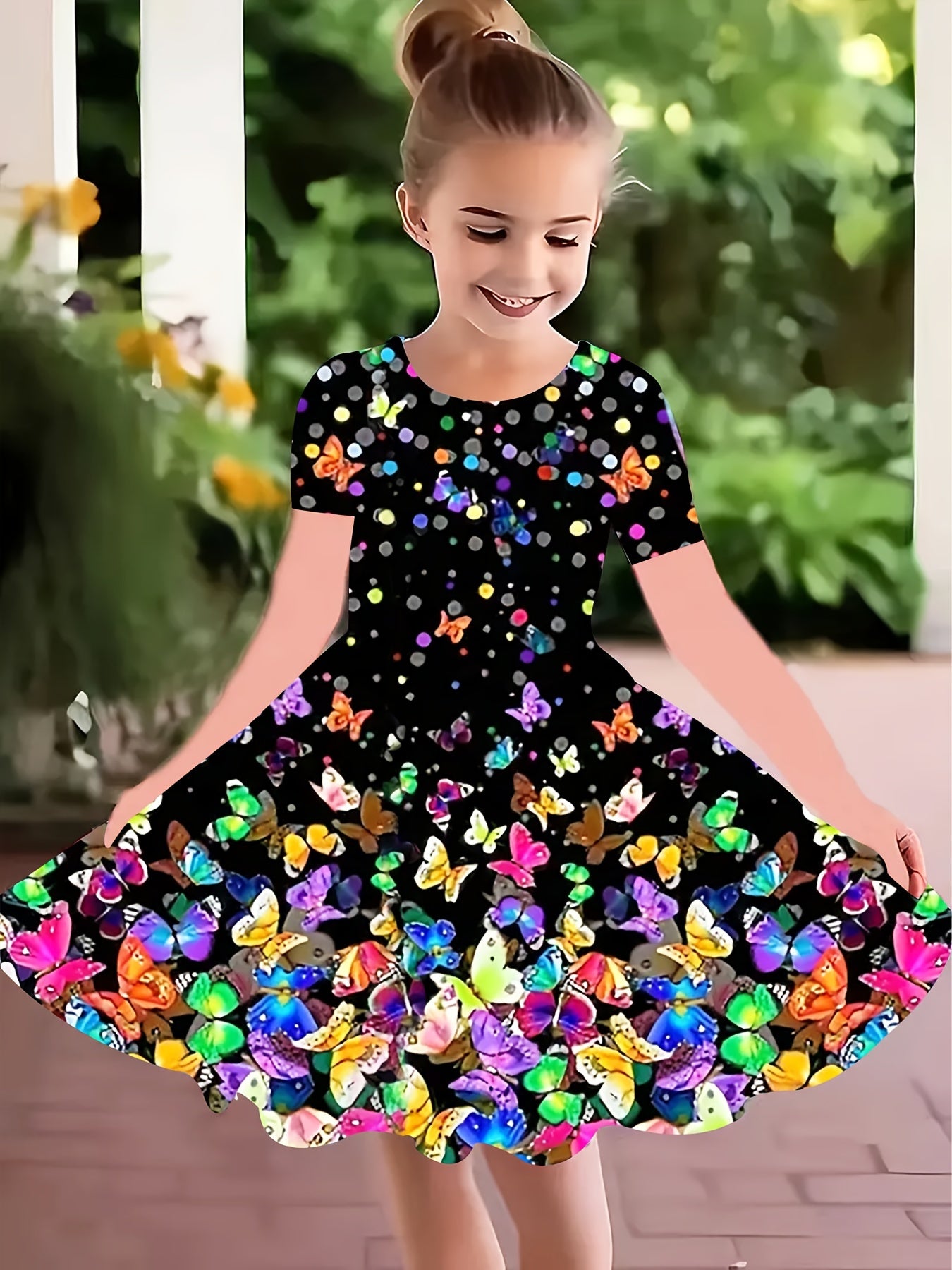 Girls' Midi Dress with Butterfly Print Short Sleeve Casual Summer Clothing