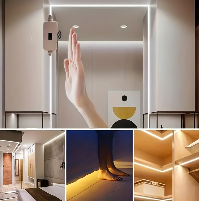 "Qo'l silkitish sensorli LED lenta chiroqlari, shkaf yoritgichi uchun 2m/5m/10m o'lchamlarida mavjud. USB orqali 5V, ≤36V kirish bilan quvvatlanadi. Uy uchun harakatni boshqarish va ikki tomonlama LED dizayni mavjud."