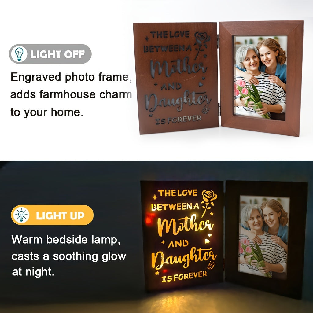Engraved Wooden Photo Frame with LED Light 4x6 for Mother and Daughter Gift