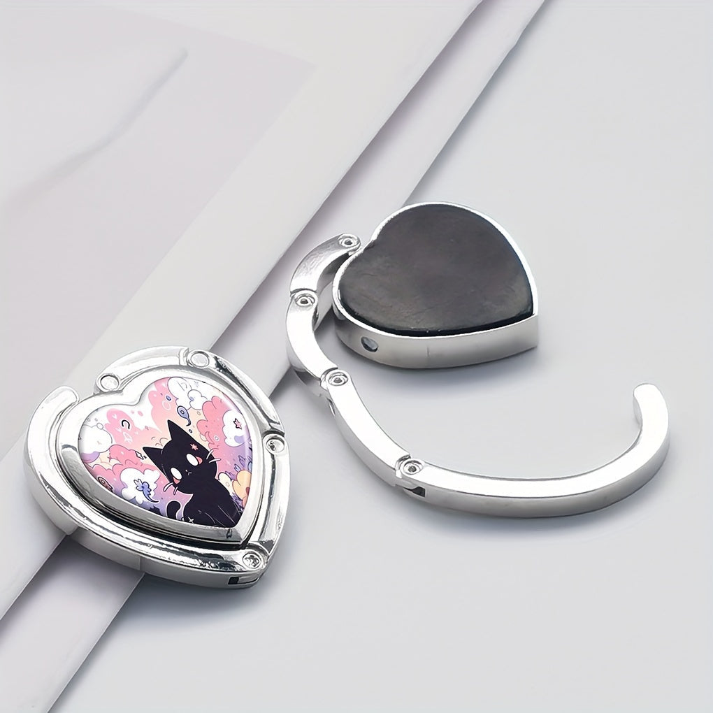 Heart-Shaped Purse Hanger with Black Cat Design Foldable Zinc Alloy Portable Bag Hook