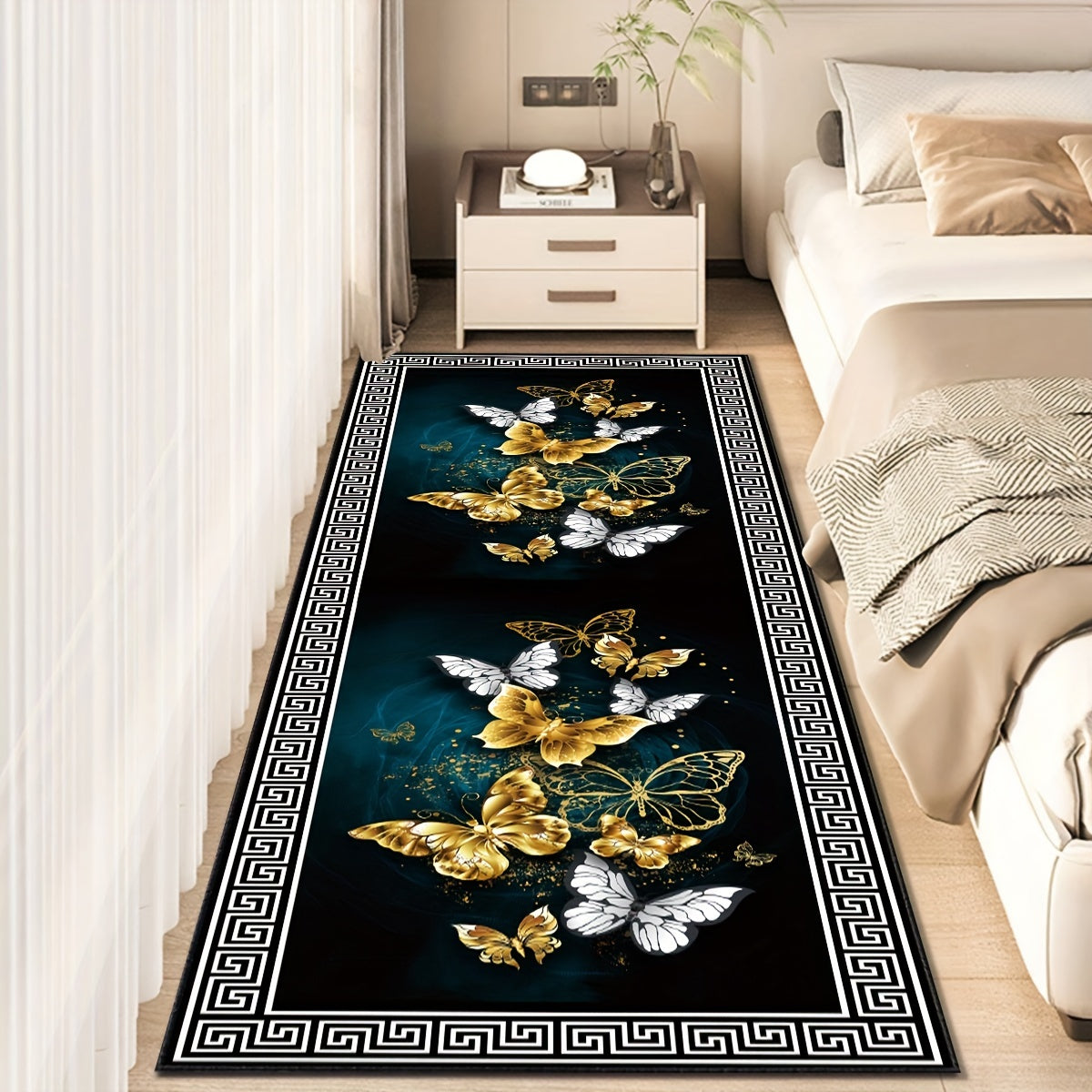 Qora va oltin rangli kapalak naqshli yugurish mato, sirgʻalmas, mashina yuviladigan, 49.99x79.98 sm