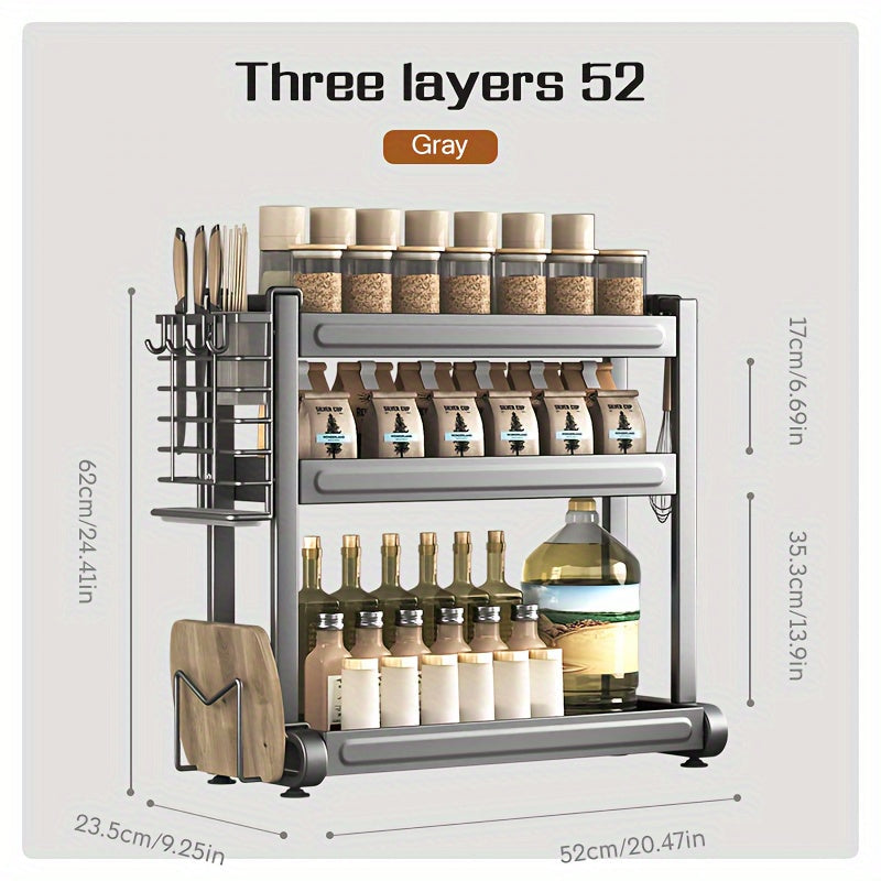 Metal Spice Rack Organizer 3-Tier Gray Countertop Storage for Kitchen Gadgets