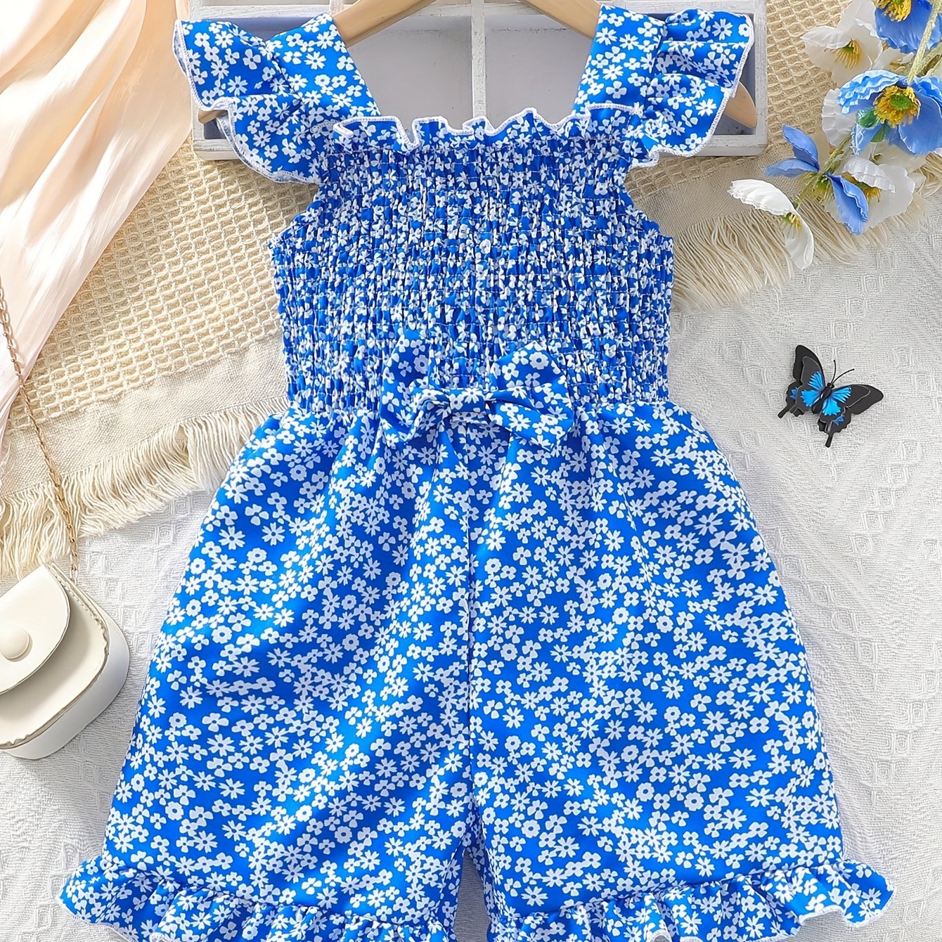 Girls Sleeveless Floral Jumpsuit with Ruffle and Bow for Summer Parties