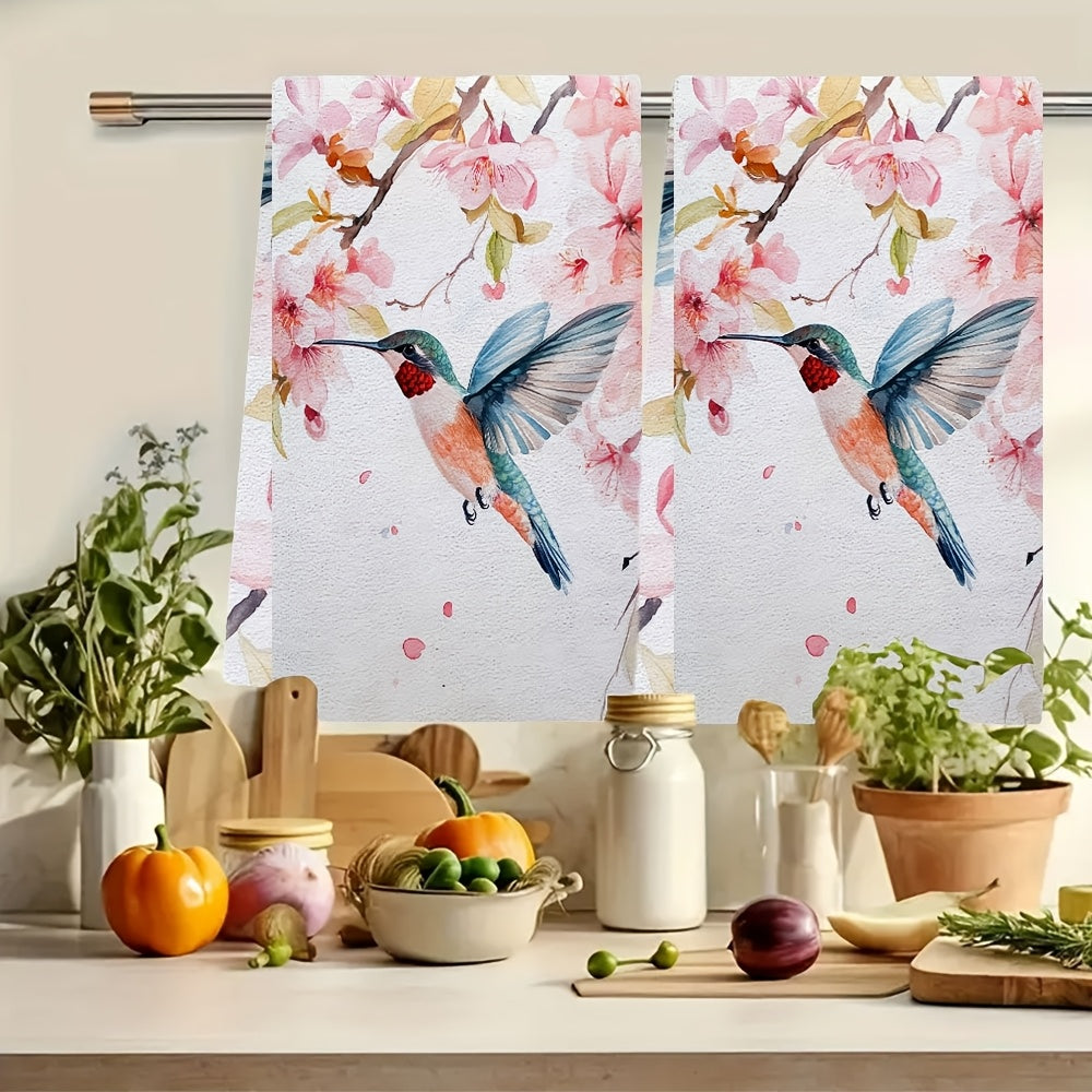 Set Of 2 Ultra Soft Kitchen Towels With Hummingbird Blossom Design 40x60cm