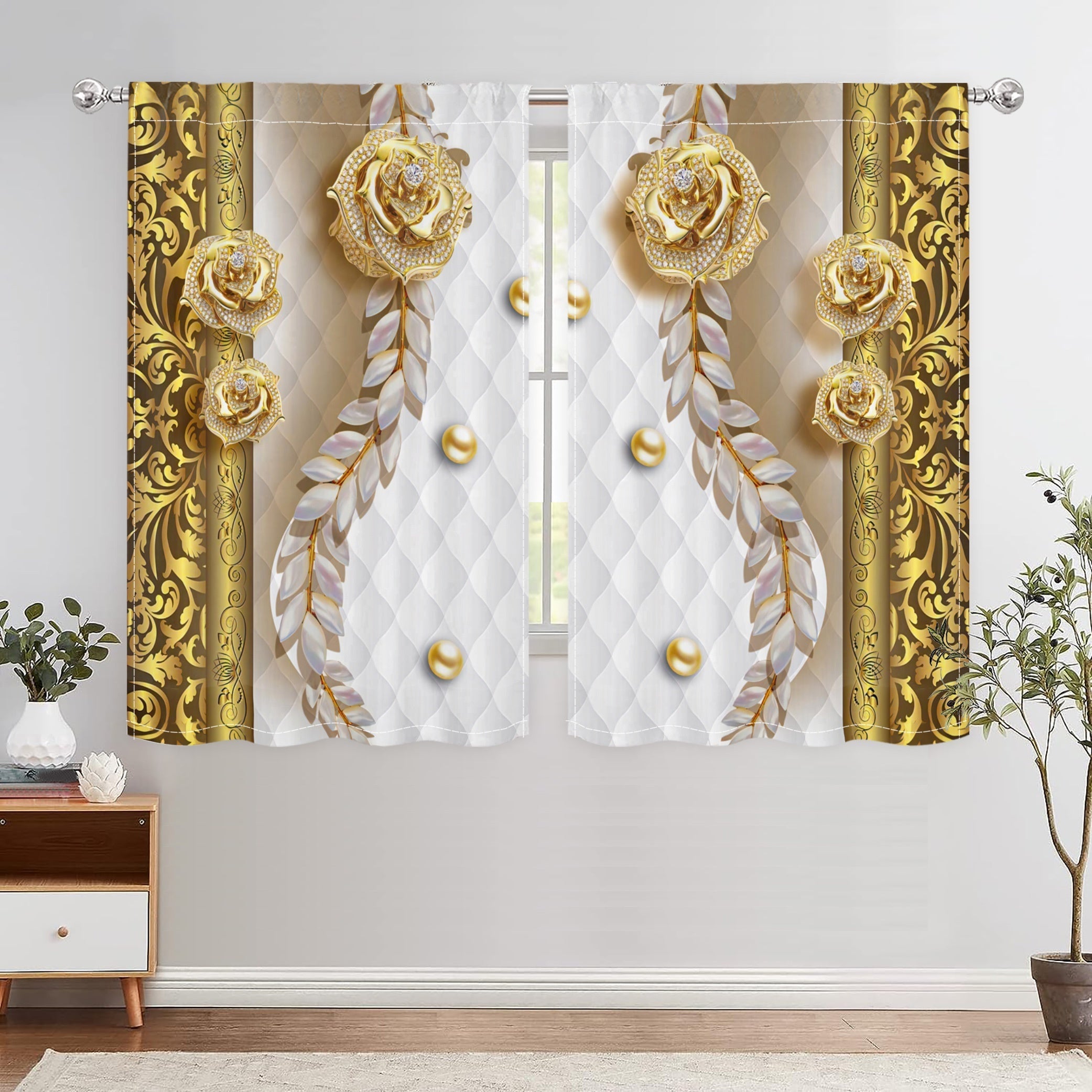 3D Golden Flower Semi Blackout Curtains Set for Bedroom Living Room Kitchen Office