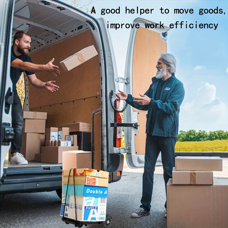 Portable Trolley with Aluminium Alloy Tie Rod, 2 Elastic Ropes, Folding Telescopic Cargo Cart, 2 Wheels, Black