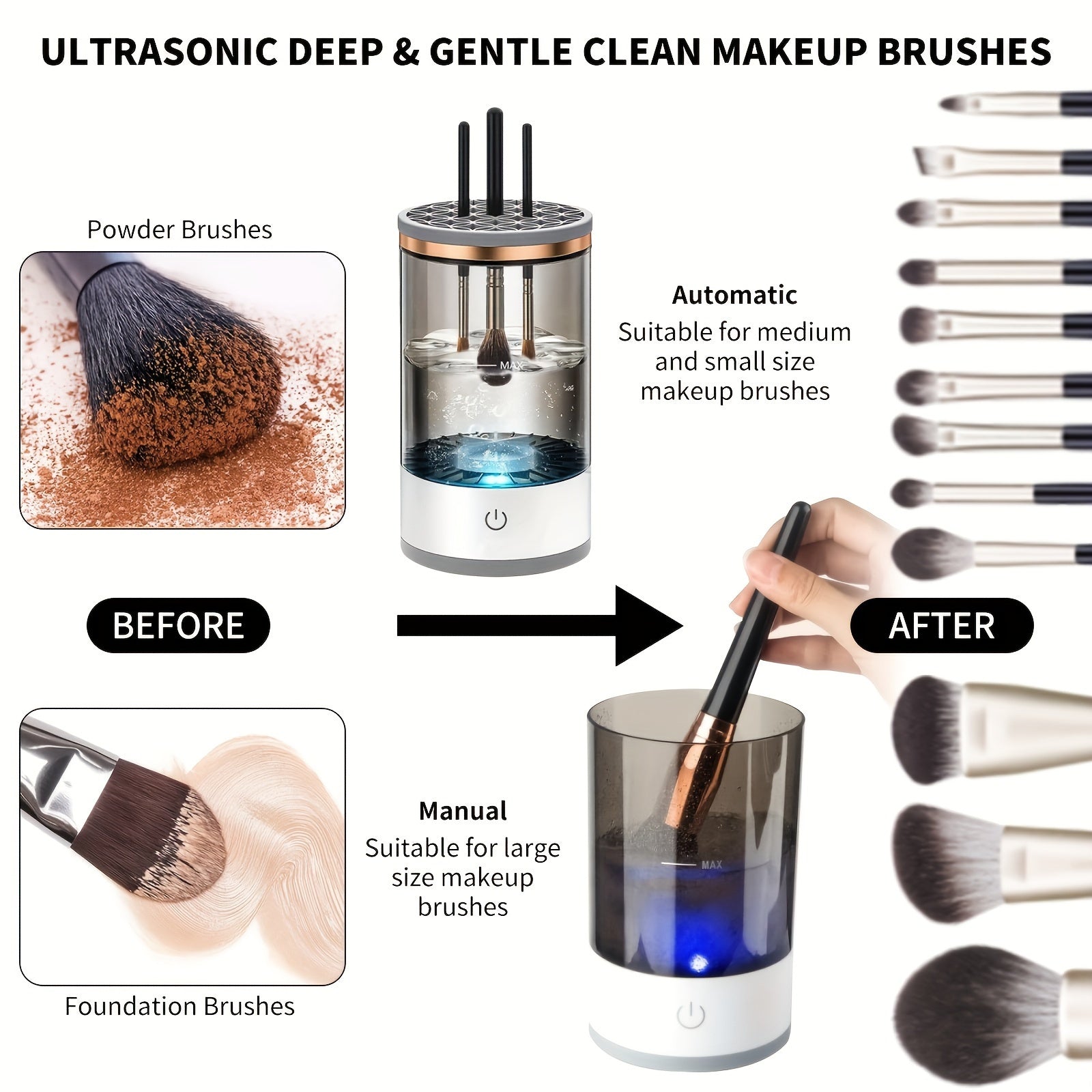 USB-Powered Makeup Brush Cleaner Dryer with Drying Rack Transparent Design Metal Accents Alcohol-Free Portable Durable Plastic