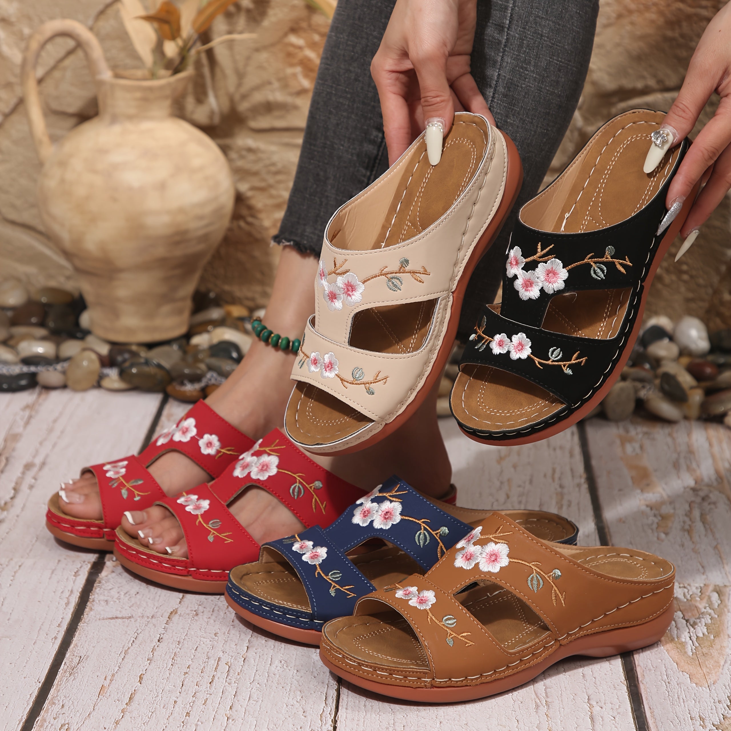 Women's Floral Wedge Sandals Faux Cover Open Toe Slip-On Summer Shoes
