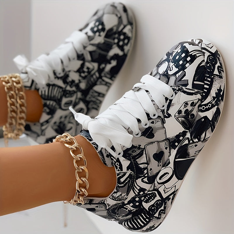 Women's Graffiti Print Sports Shoes, Lace-Up Low Top Platform Sneakers