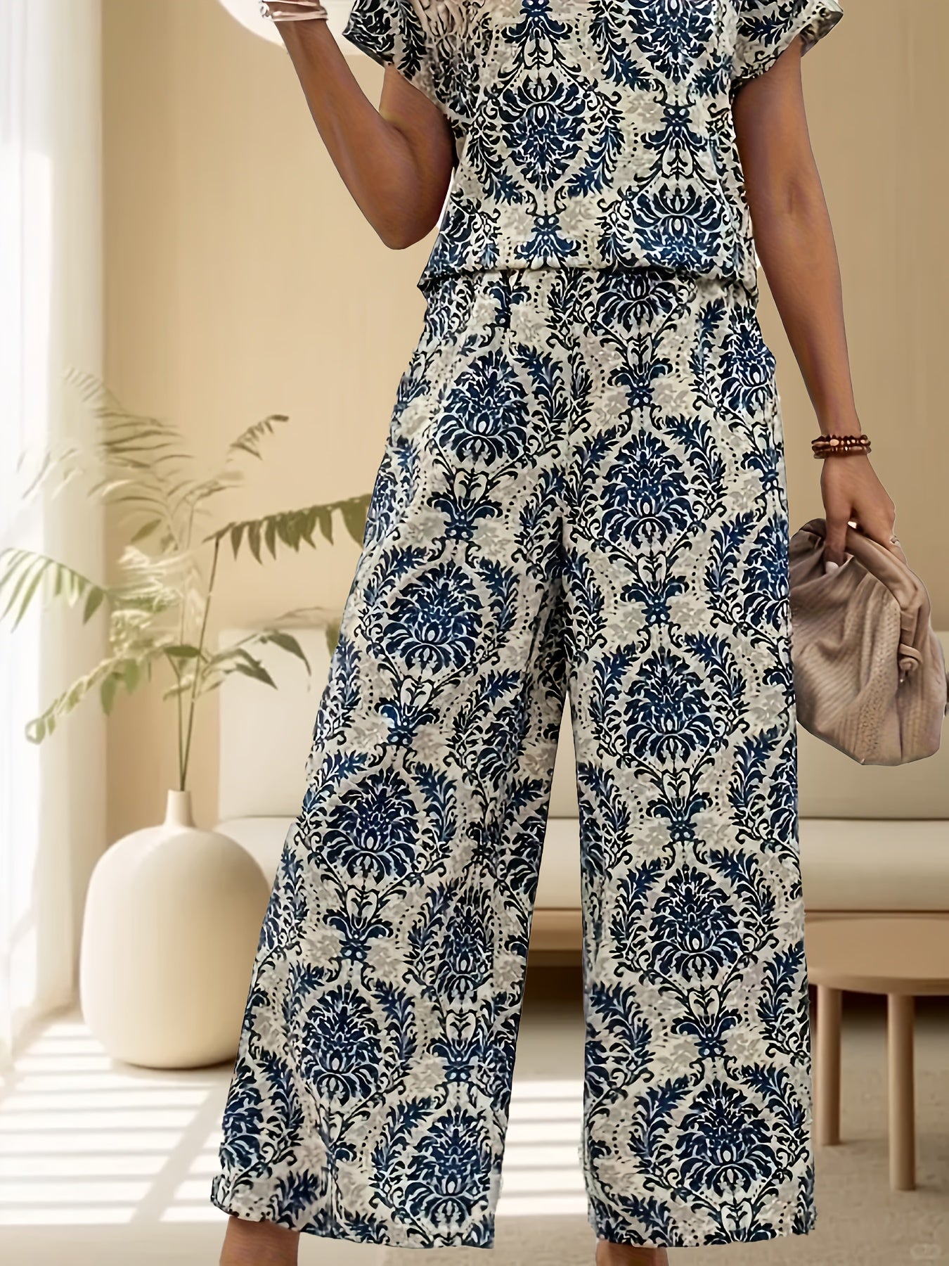 Conjunto de blusa de verano con estampado floral y pantalones de pierna ancha para mujer