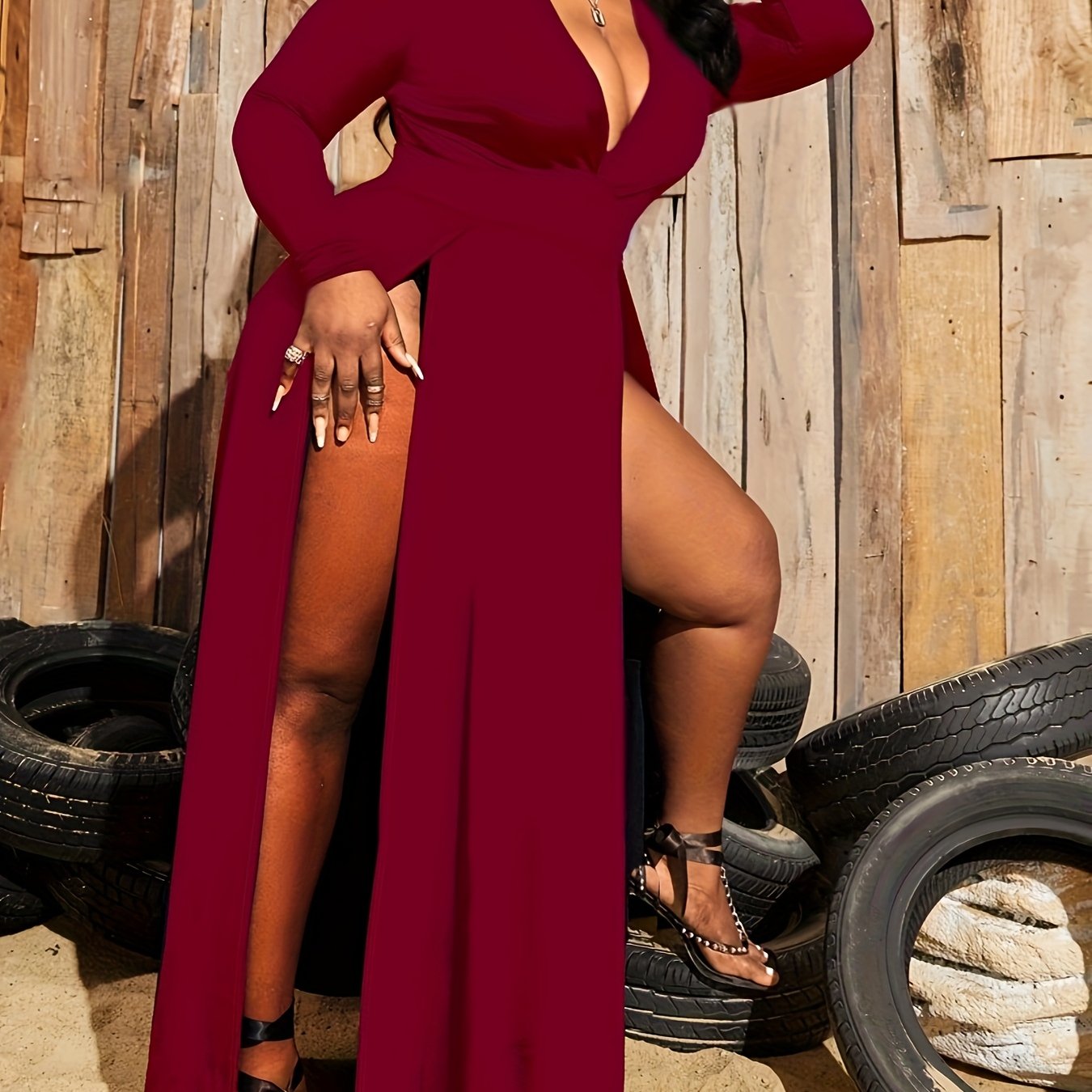 Plus Size Deep V High Slit Nightgown Sexy Home Dress
