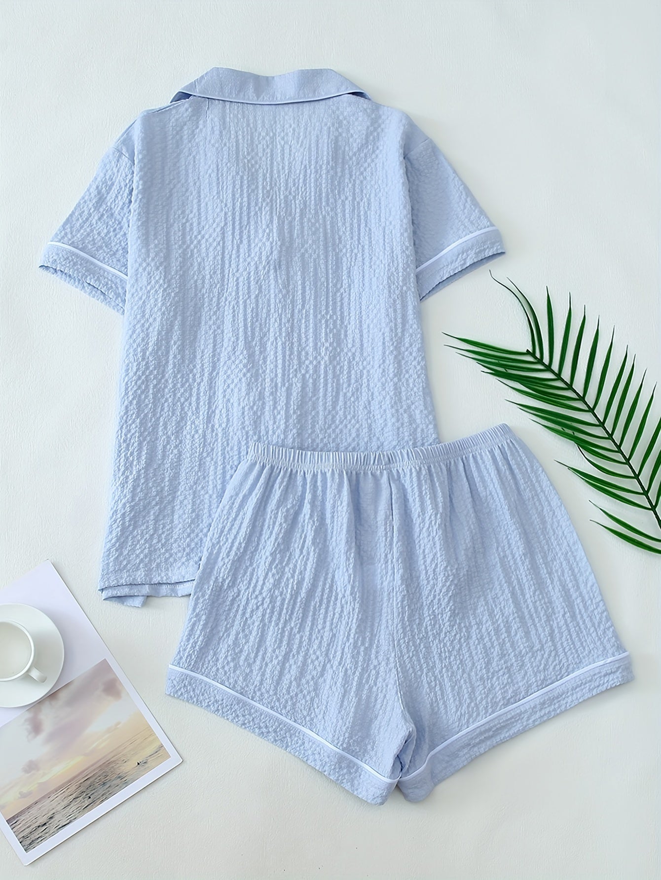 Women's Light Blue Heart Embroidery Pajama Set Short Sleeve Top and Shorts Sleepwear