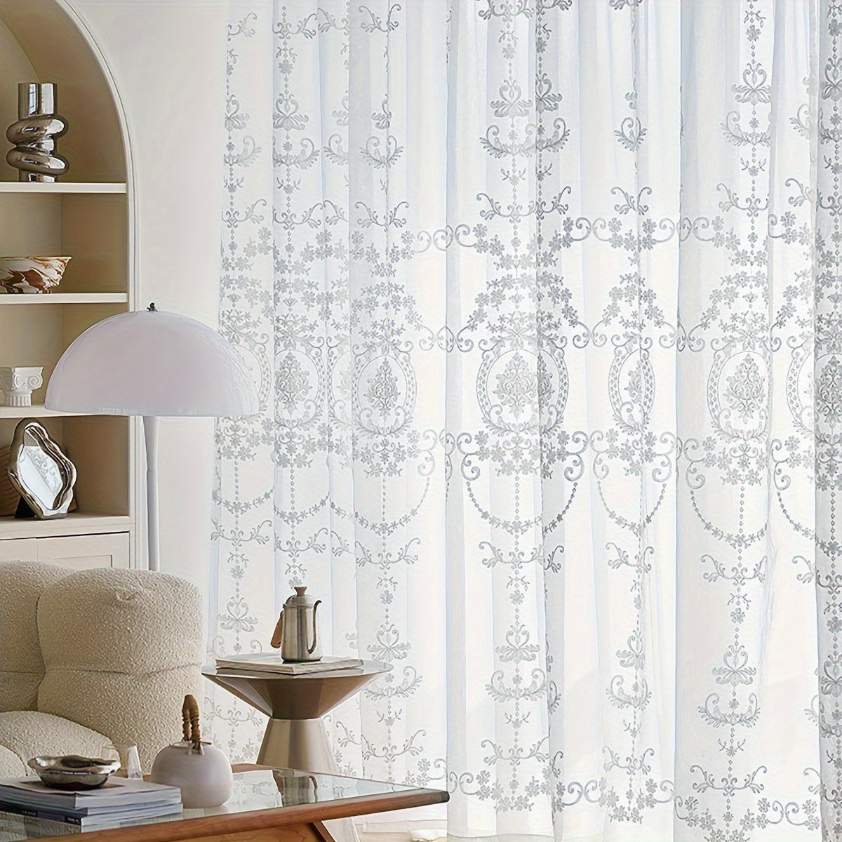 White Sheer Curtain with Geometric Flower Embroidery, Rod Pocket for Living Room Bedroom