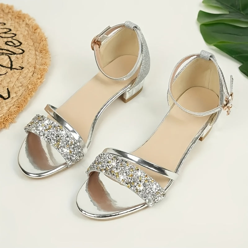 Women's Glittery Ankle Strap Low Heel Sandals with Rubber Sole