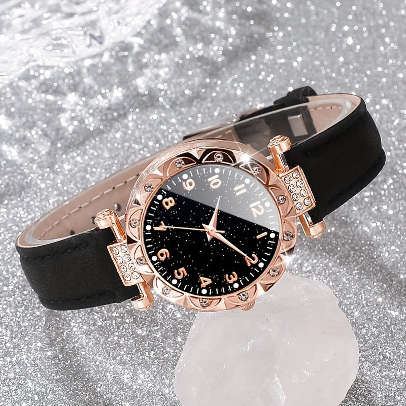 Women's Quartz Watch Set 3-Piece Round Dial PU Strap Elegant Gift