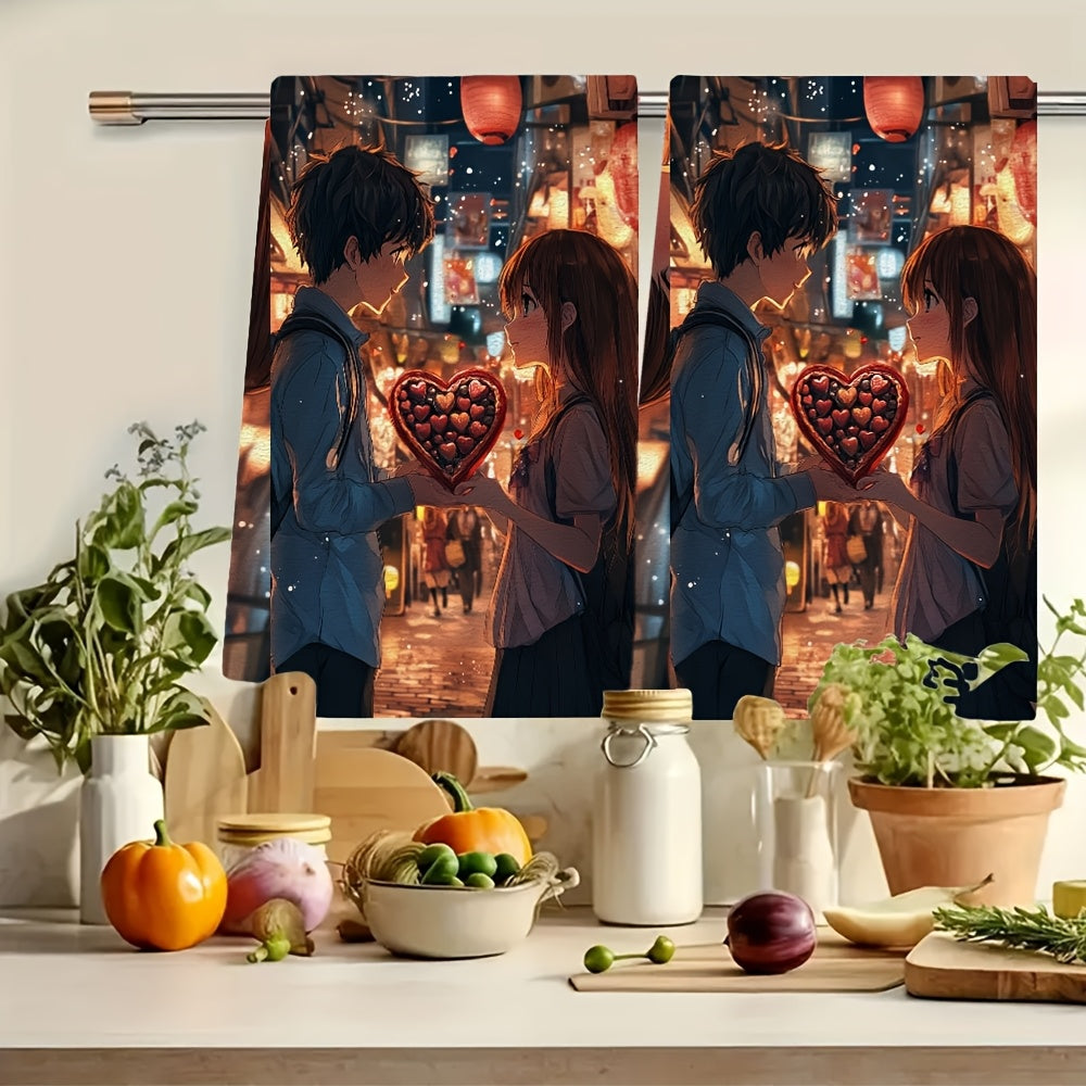 Set of 2 Ultra-Soft Kitchen Towels with Anime Boy and Heart Design