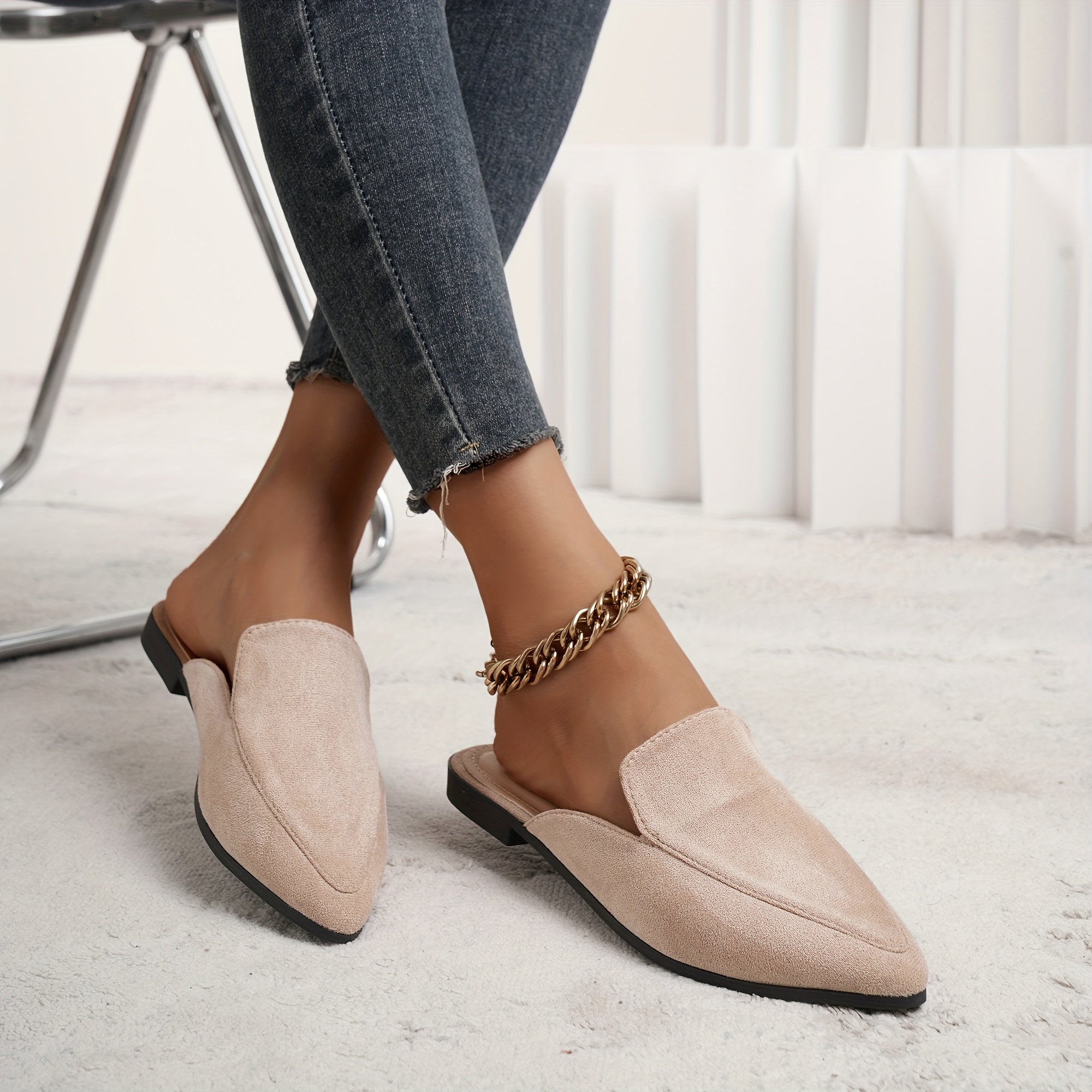 Women's Black Pointed Toe Flat Mules Shoes