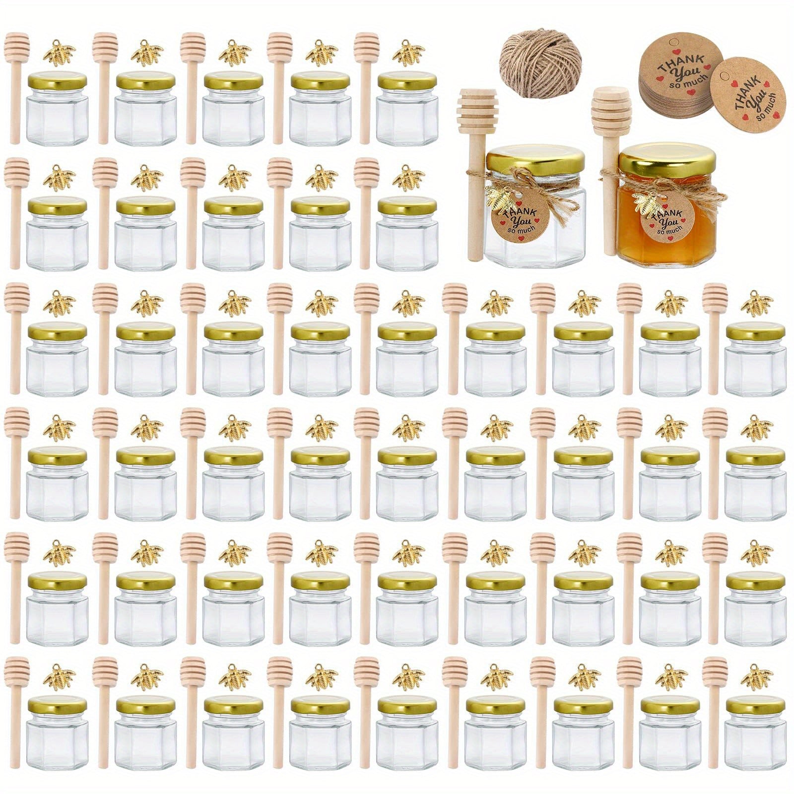 Small Hexagonal Glass Honey Jars 1.5 oz Sets of 20 30 50 or 60 with Spoons Bee Symbols and Thank You Cards